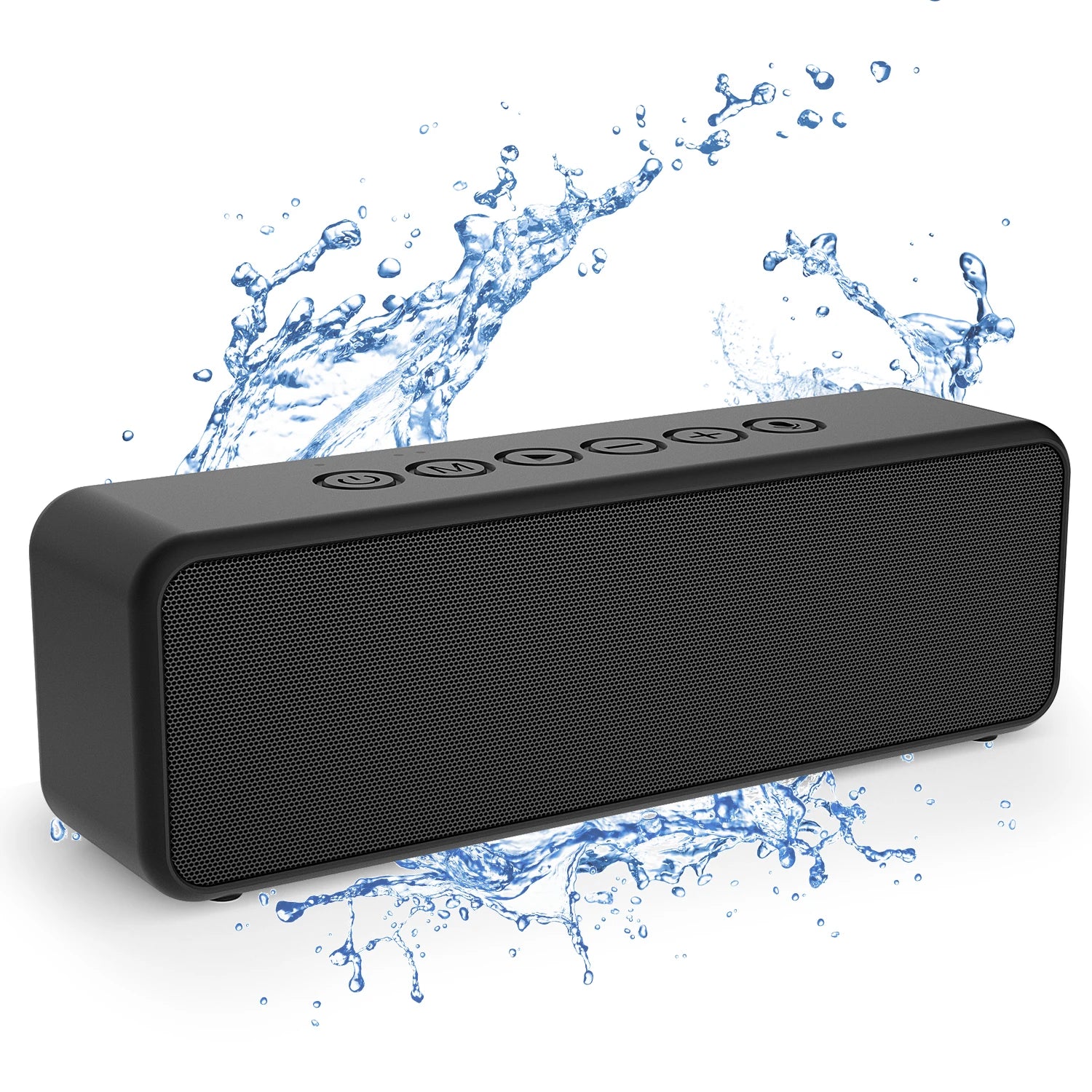 BS Melody 30W Bluetooth speaker with water splashing on it, demonstrating IPX6 waterproof rating for outdoor and poolside use
