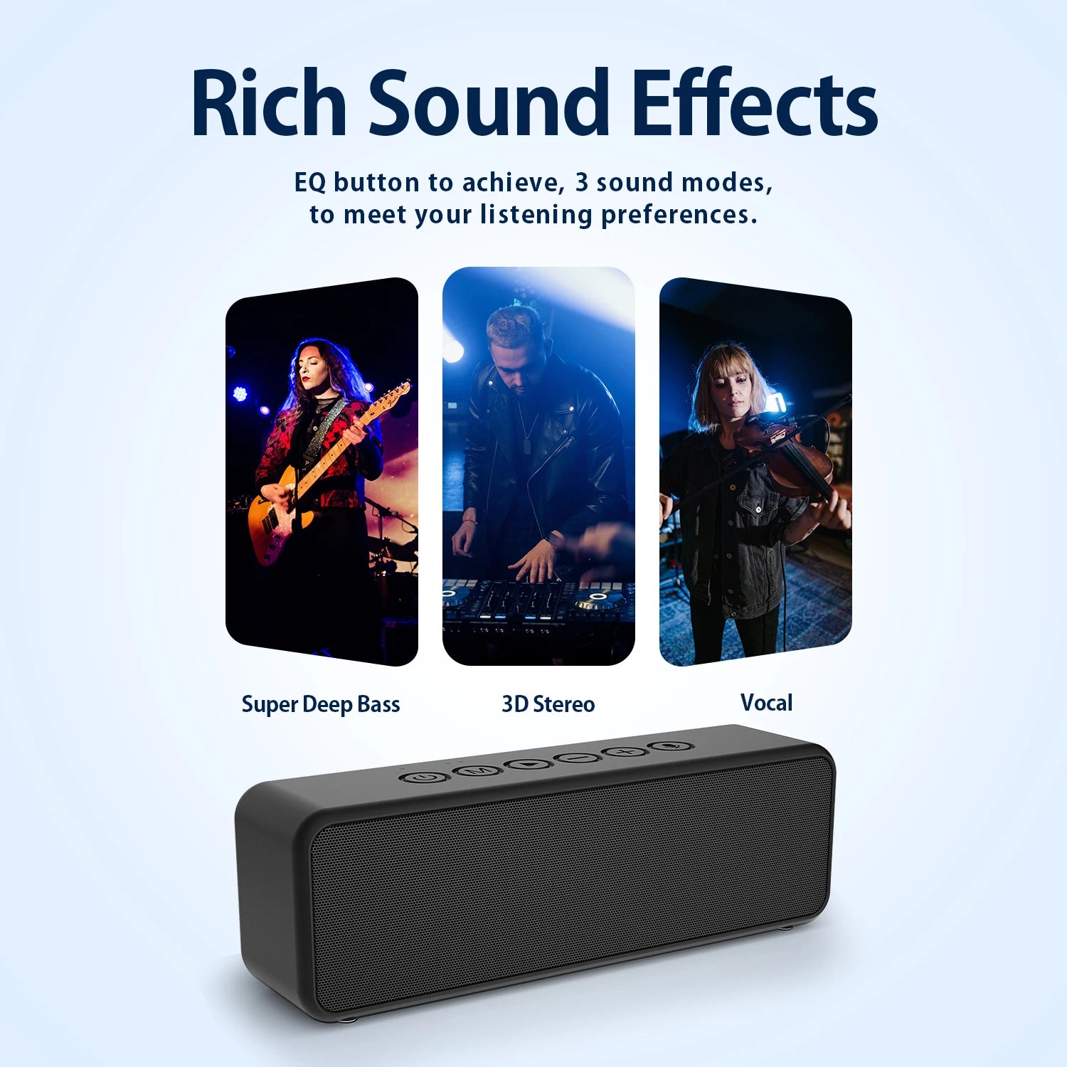 BS Melody Bluetooth speaker with super deep bass, 3D stereo sound, and switchable vocal mode for rich and immersive listening experience
