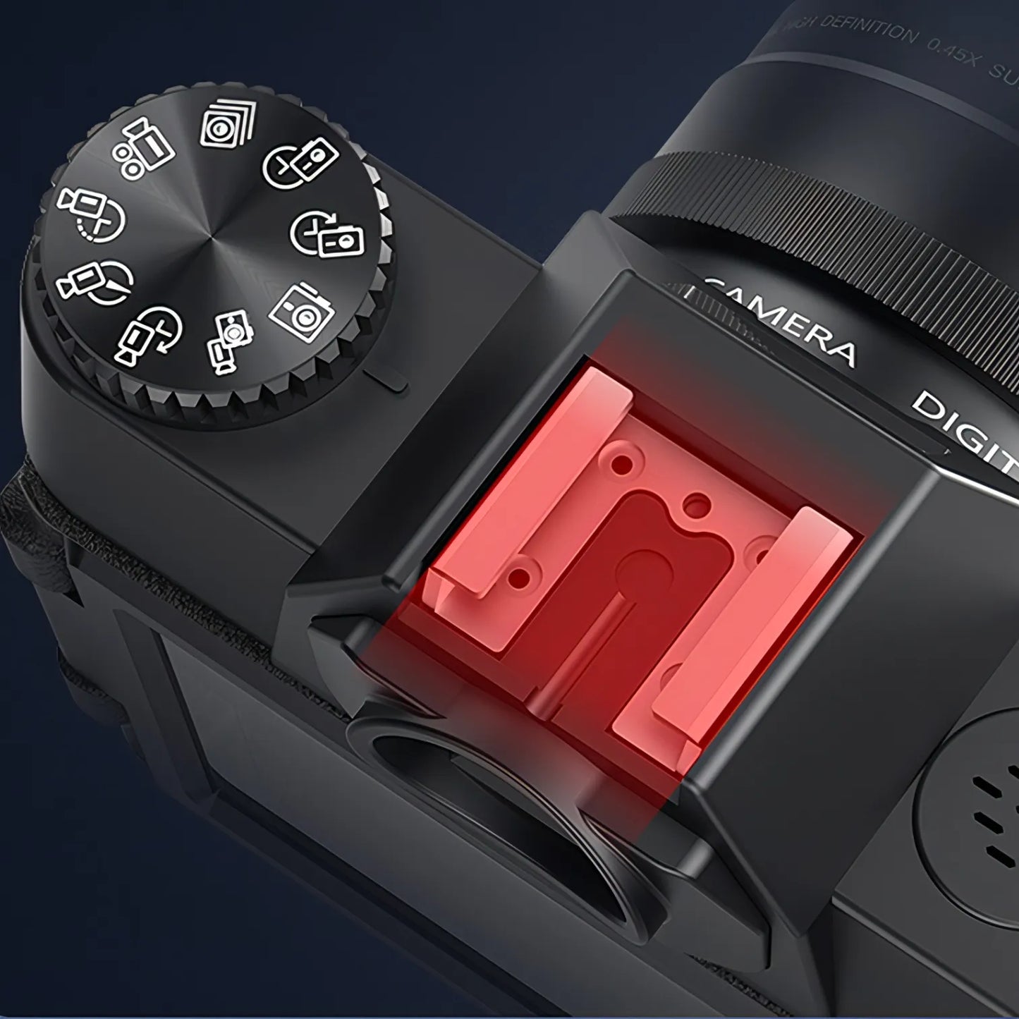 Camera body with a red flash attachment on a dark background