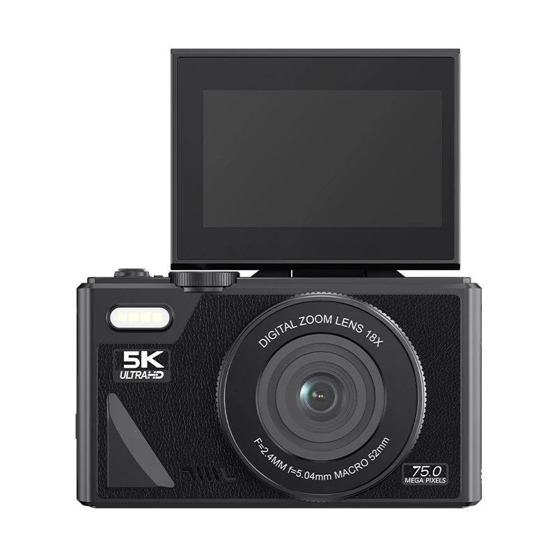 Black ClikTric Camera with a screen on top, featuring 5K Ultra HD and other specifications.