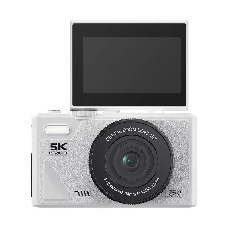 Digital camera with a screen on top and lens in the front, on a white background