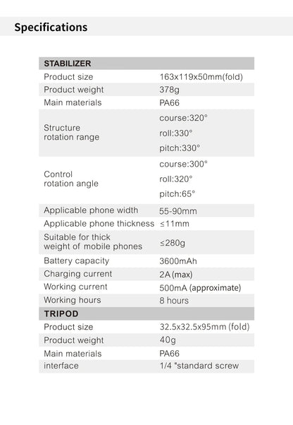 M01 smartphone gimbal folded dimensions 163 x 119 x 50 mm

