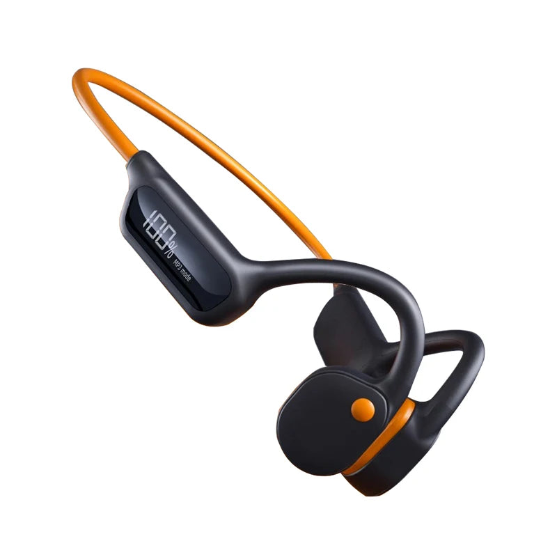 Cranovib Bone Conduction Headphones in black and orange, featuring waterproof build and secure fit for sports and swimming

