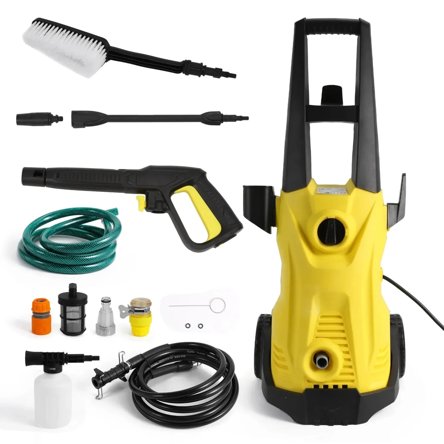 Yellow and black DayPlusor Pressure Washer with various attachments on a white background