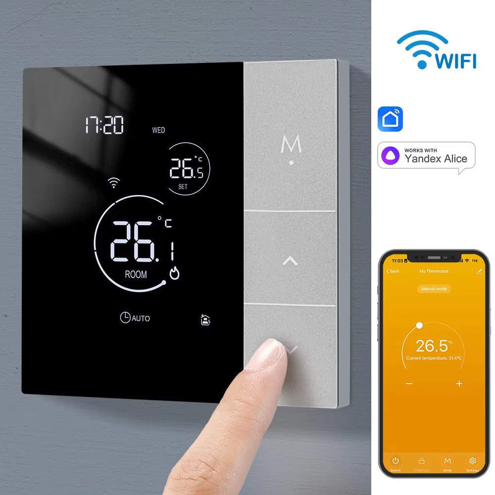 Digital ClimaClik Home Thermostat with smartphone app interface on a gray background