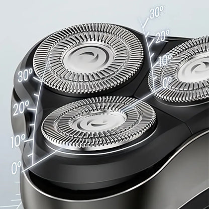 Close-up of a Puruxe Electric Shaver head with rotating blades on a light gray background
