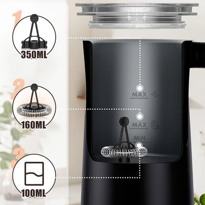 Black electric electric milk frother with measurement indicators on a blurred background