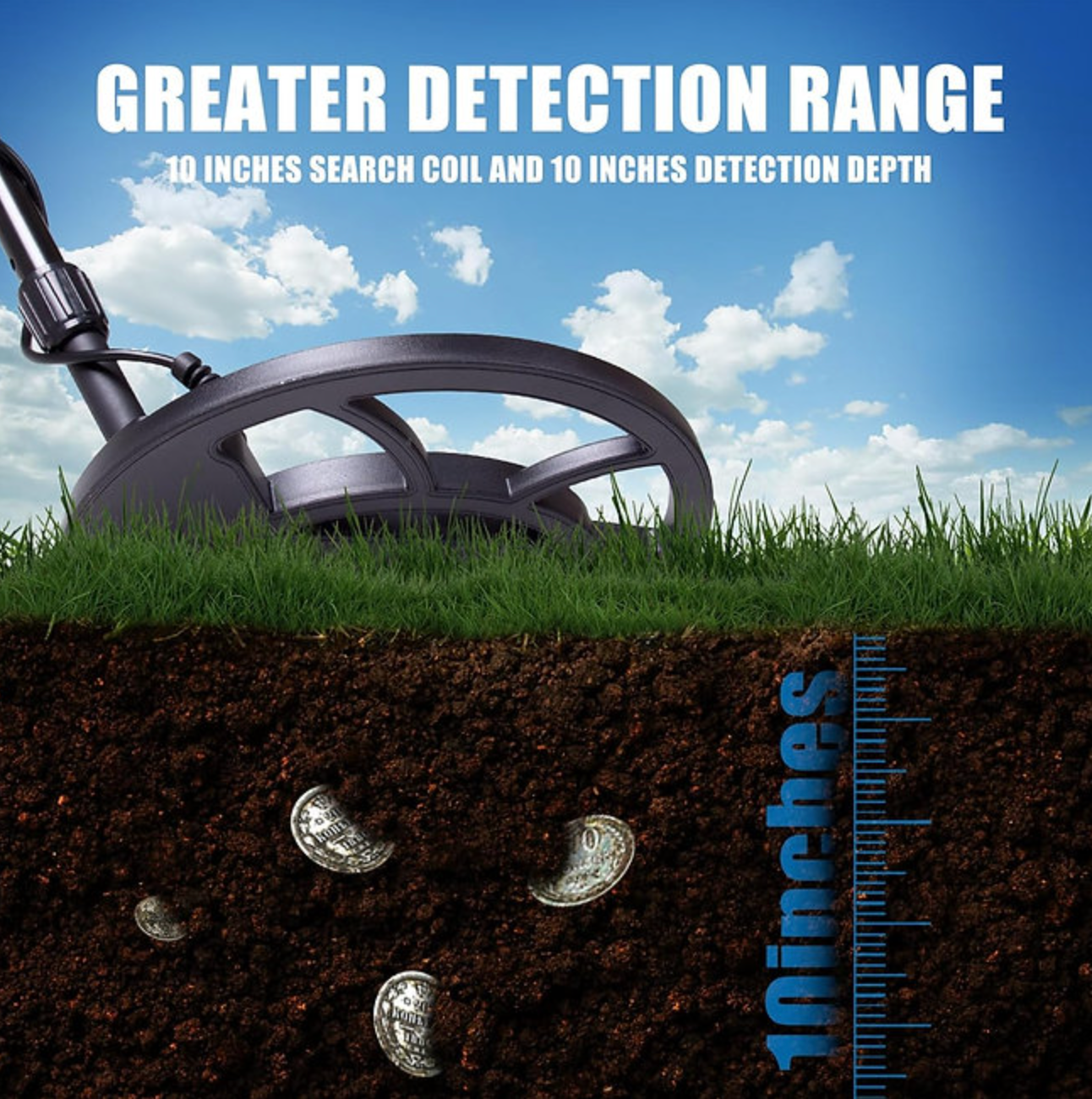 Elektrotre Metal Detector with advanced detection range up to 10 inches deep, ideal for locating buried metal objects, coins, and treasure with high accuracy
