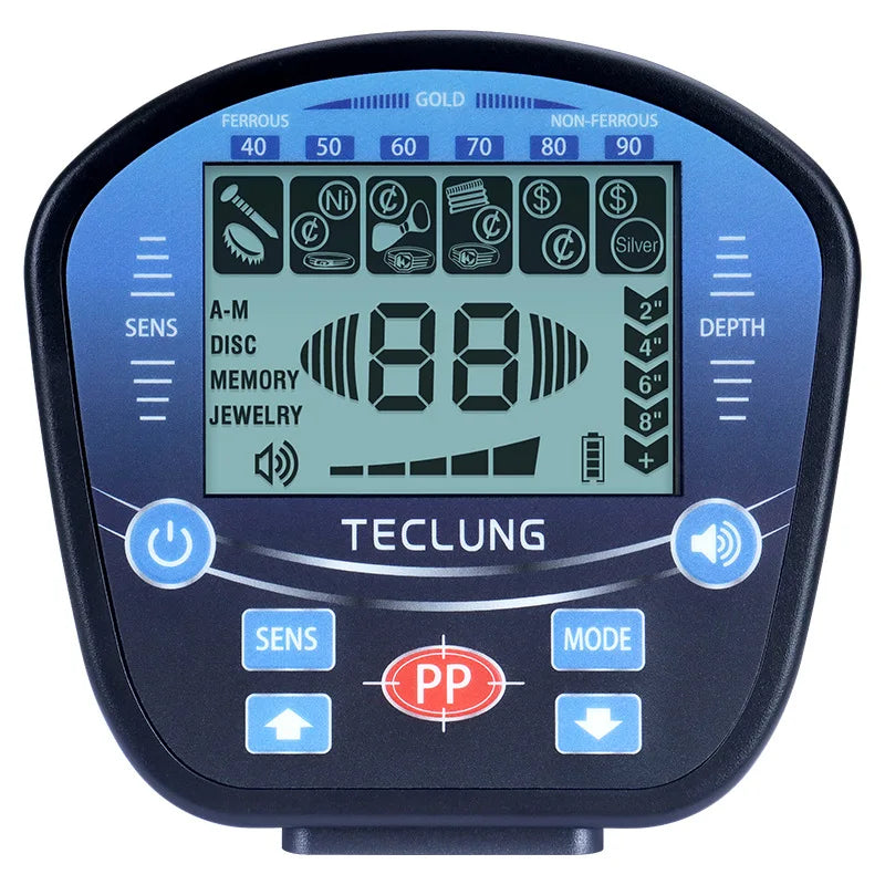 Close-up of Elektrotre Metal Detector’s 3 x 2.2 inch HD color screen showing metal type, depth, and detection mode

