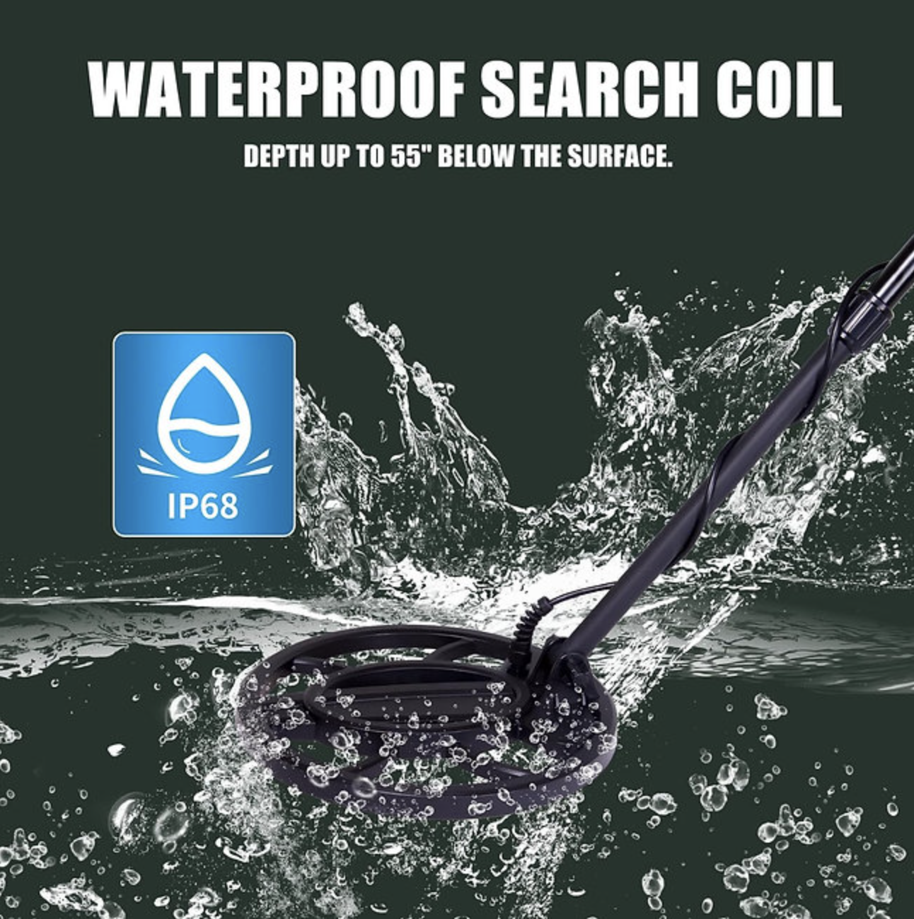IP68-rated waterproof search coil on the Elektrotre Metal Detector with detection depth up to 55 cm, ideal for treasure hunting in wet environments like rivers, beaches, and shallow water
