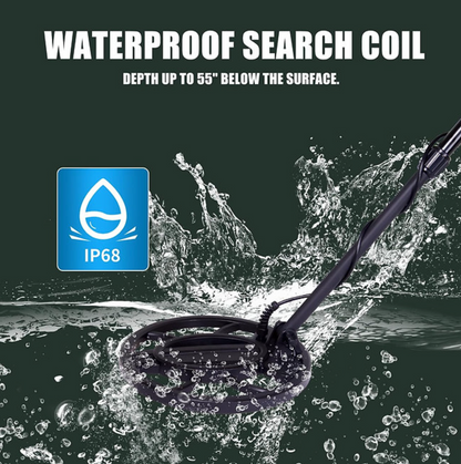 IP68-rated waterproof search coil on the Elektrotre Metal Detector with detection depth up to 55 cm, ideal for treasure hunting in wet environments like rivers, beaches, and shallow water
