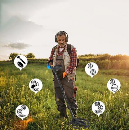 Person using the Elektrotre Metal Detector outdoors, scanning the ground in search of buried treasure, coins, or metal objects in natural terrain
