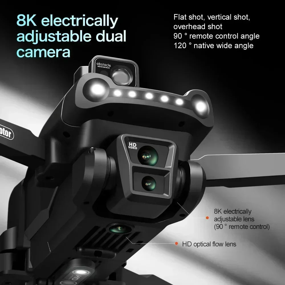 Eonvy Air+ Pro Max drone showcasing flat, vertical, overhead, and 90-degree camera angles with 120° native wide-angle lens capability

