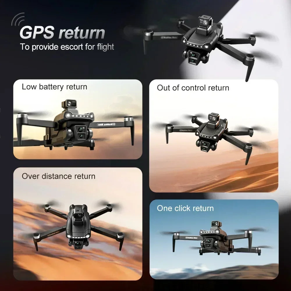 Collage of a Eonvy AIR+ GPS Drone with various return features on a dark background
