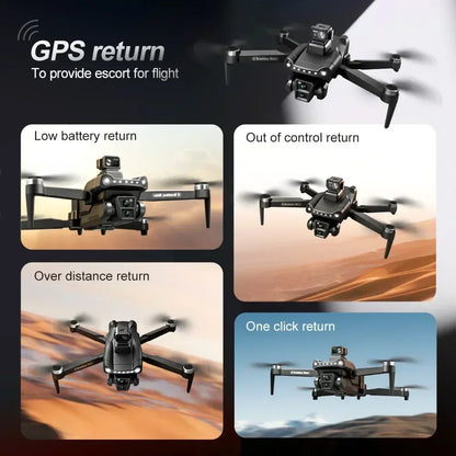 Collage of a Eonvy AIR+ GPS Drone with various return features on a dark background