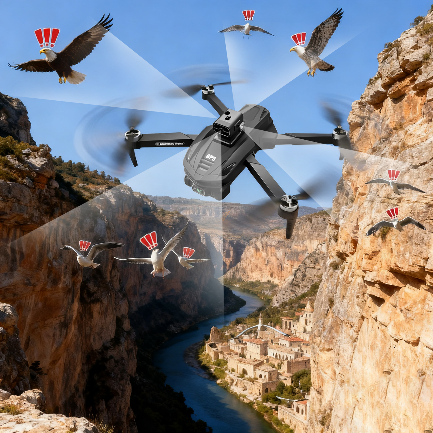 Vassco GPS Drone flying over a scenic landscape with cliffs and a river, with eagles and birds added for effect.