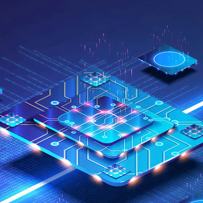 Digital illustration of a futuristic circuit board with glowing elements on a dark blue background.