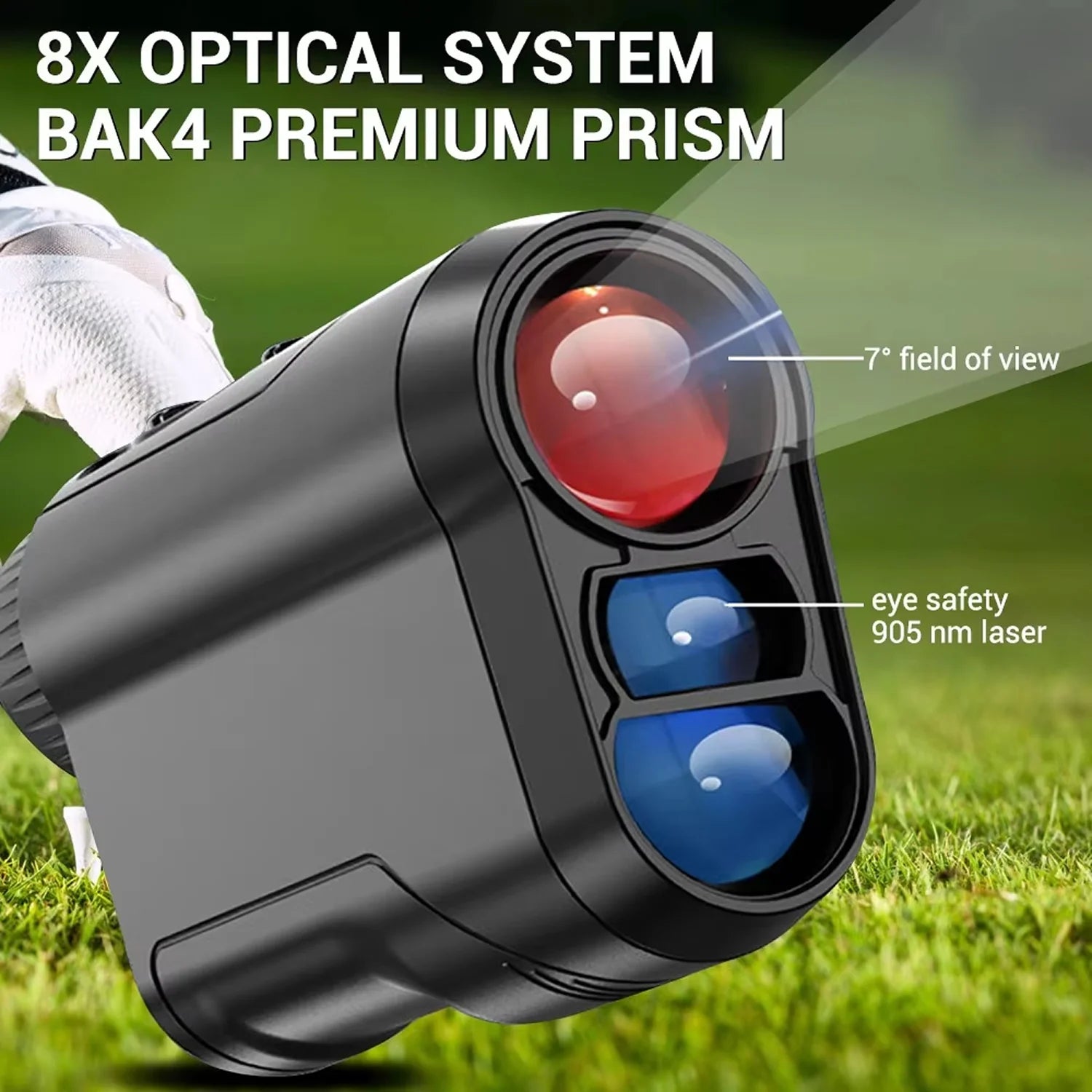 Golf GolfFidi Rangefinder with 8x optical system and BAK4 premium prism on a grass background