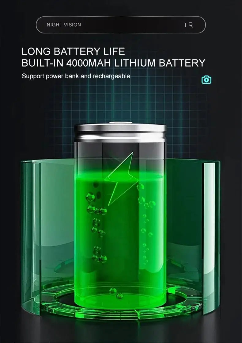 Green cylindrical device with a transparent base on a dark background, highlighting its long battery life feature.