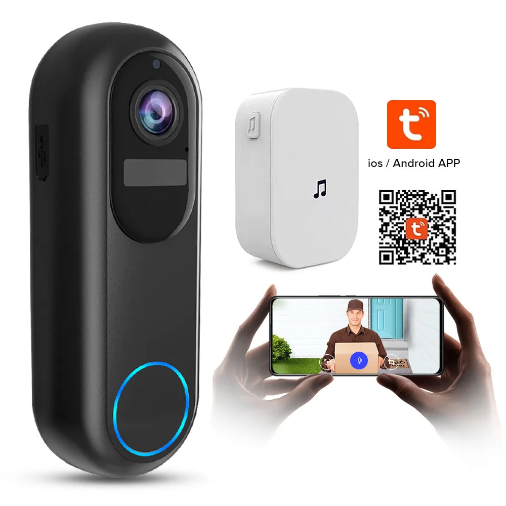 halovision doorbell camera with app interface on smartphone, featuring iOS/Android compatibility.