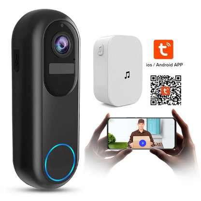 halovision doorbell camera with app interface on smartphone, featuring iOS/Android compatibility.