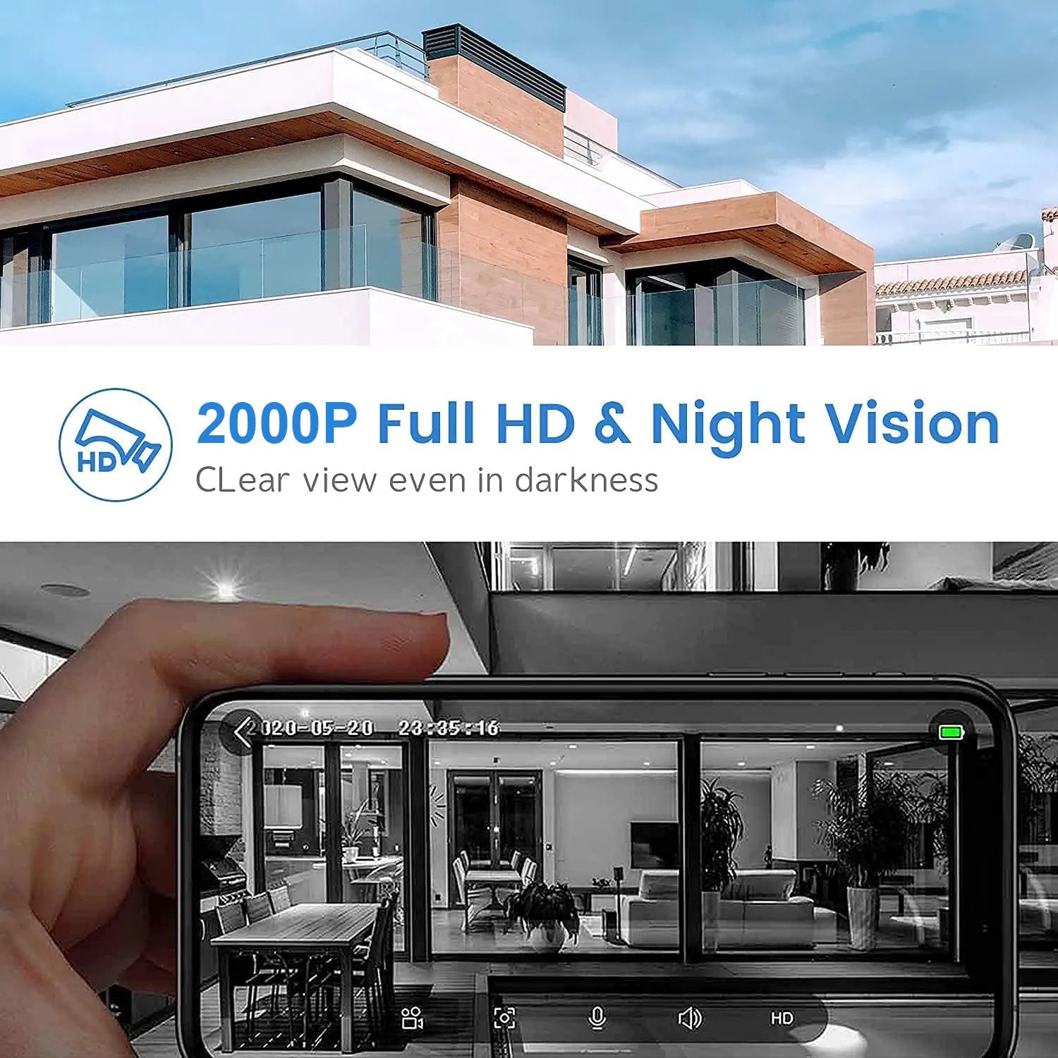 Modern building with '2000P Full HD & Night Vision' text overlay, showing a smartphone camera view.