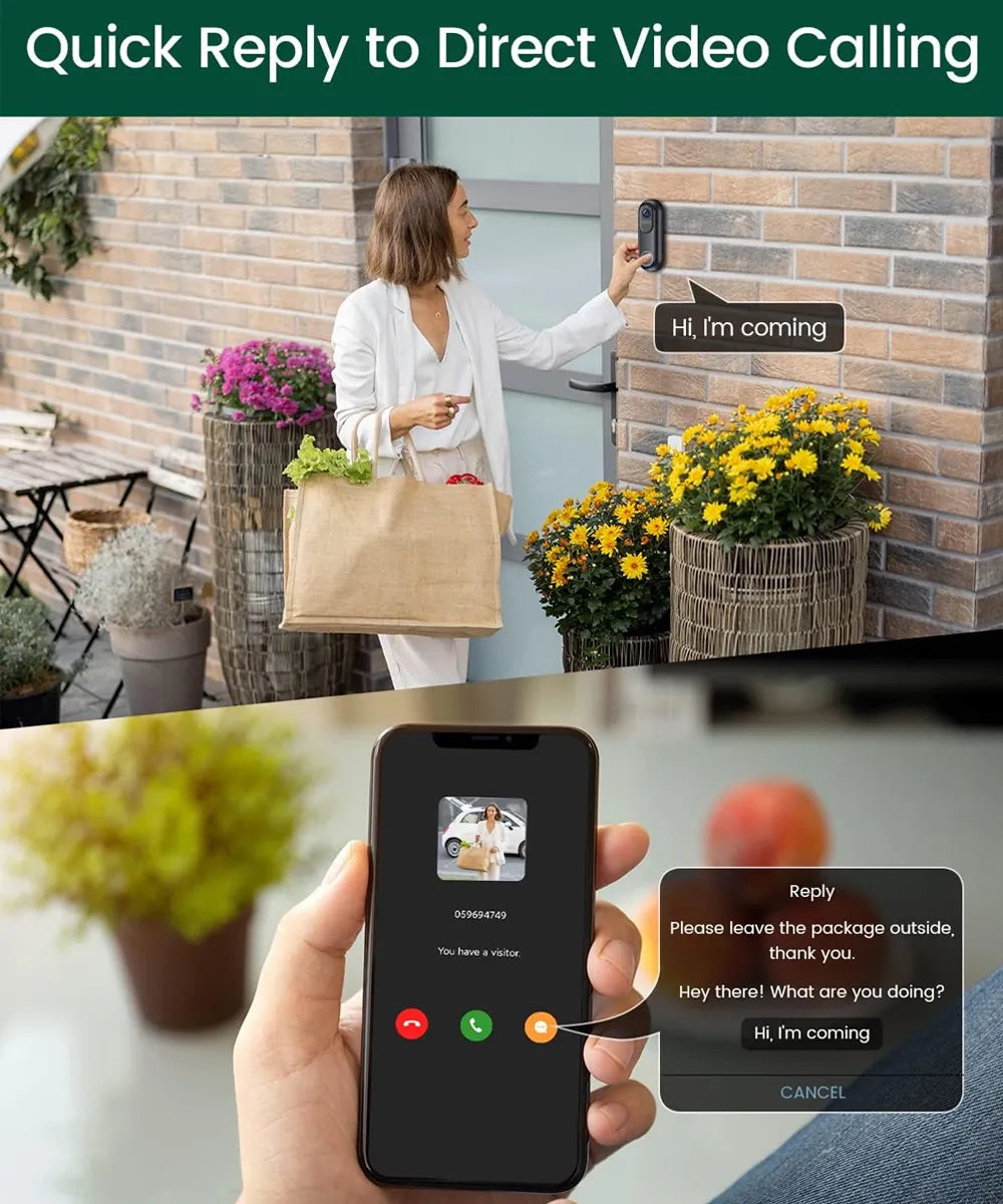 Woman answering a video call with a smartphone, showing quick reply options on the screen. called with halovision doorbell camera