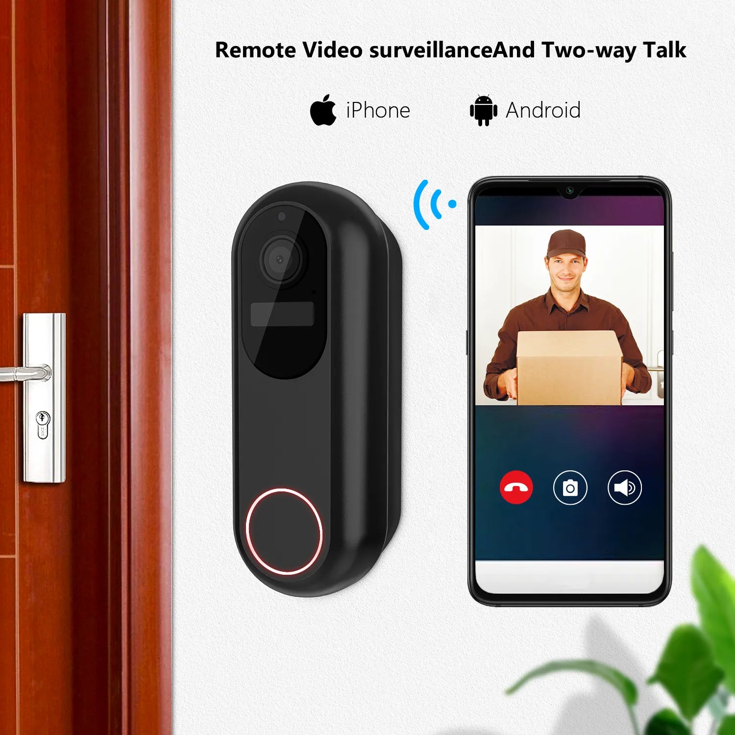 halovision doorbell camera with remote video surveillance and two-way talk feature on a smartphone screen, displayed against a white background.