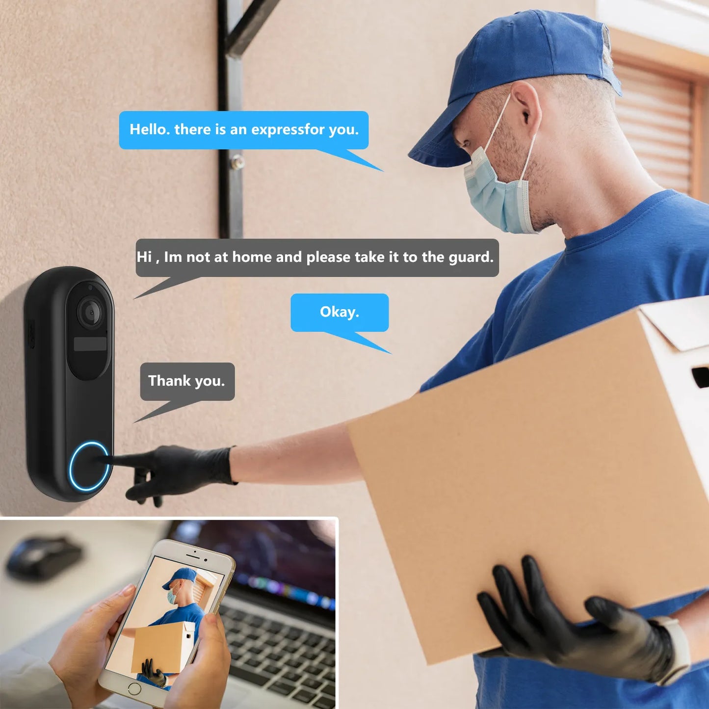 Man with a package interacting with a doorbell system, with text bubbles indicating a conversation.