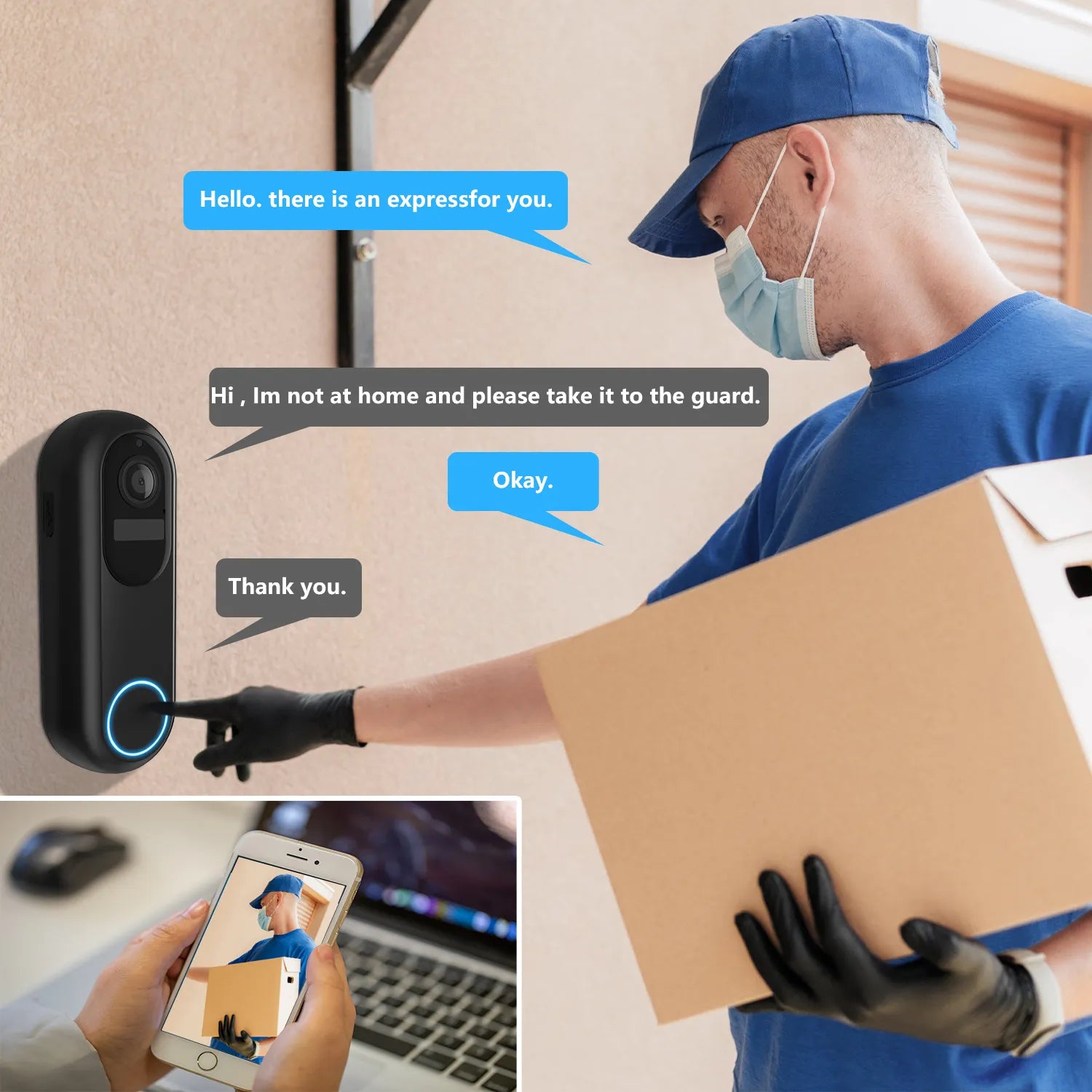 Man with a package interacting with a doorbell system, with text bubbles indicating a conversation.