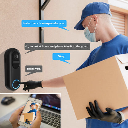 Man with a package interacting with a doorbell system, with text bubbles indicating a conversation.
