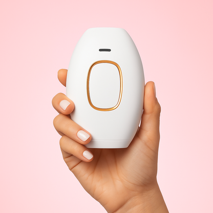 Hand holding a white GlowSilk IPL Hair Removal device with a gold accent on a pink background