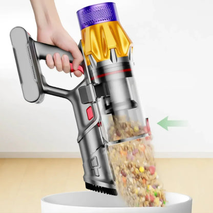 Handheld vJomasshop Vacuum Cleaner pet food from a bowl with a clear chamber showing collected debris.