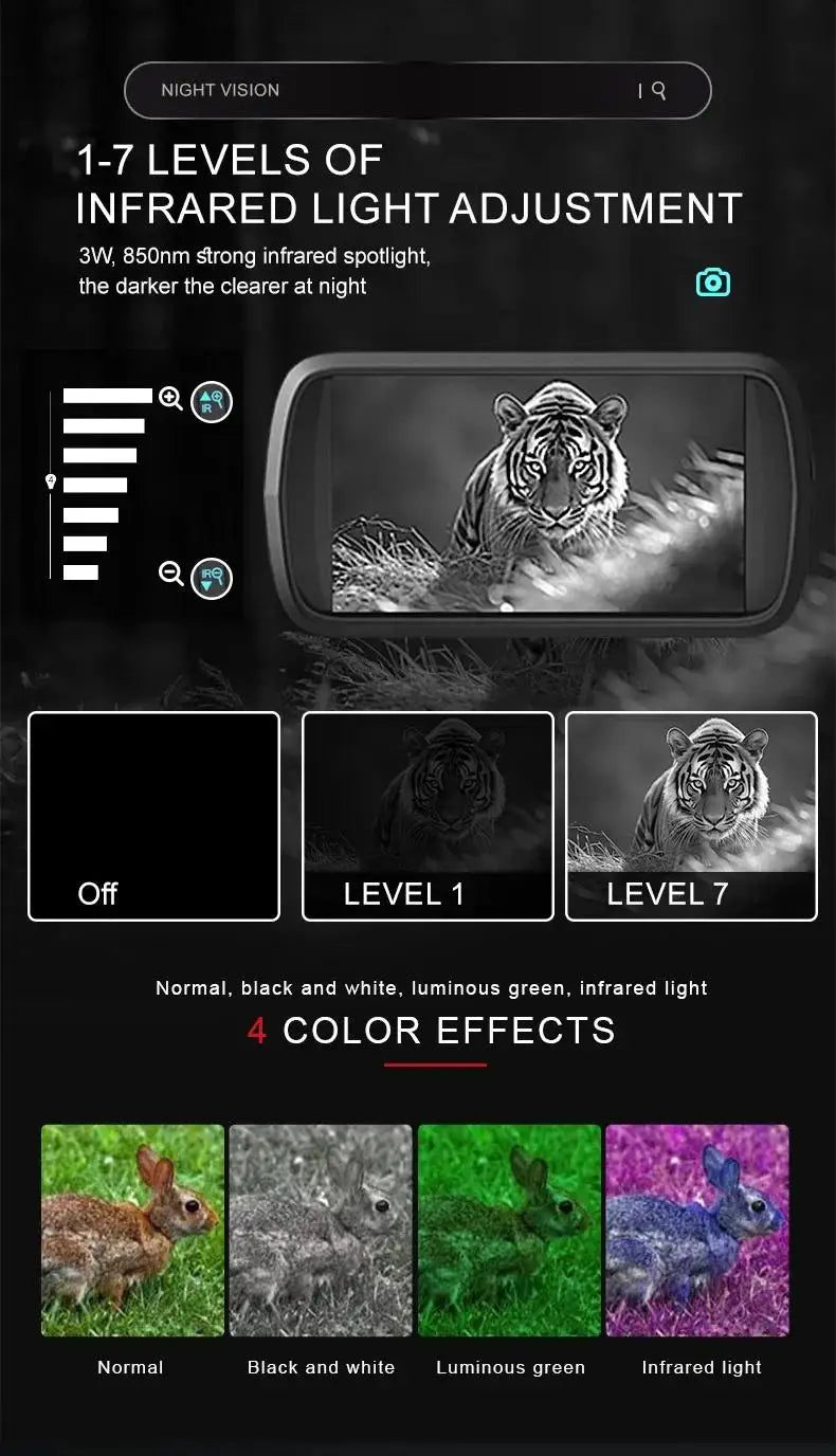 Infrared light adjustment settings with tiger image and color effect options on a dark background