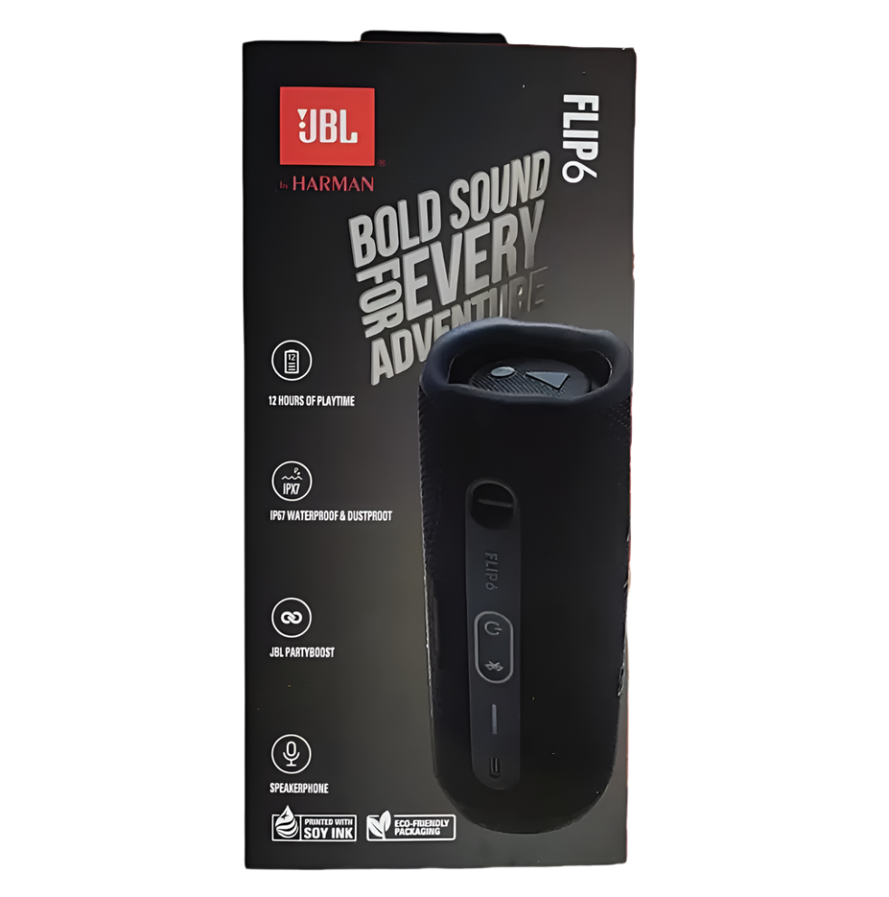Retail packaging box of the JBL Flip 6 Bluetooth speaker, showing product branding, color, and key features for in-store and online display
