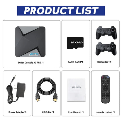 Complete product package of the KINHANK X2 Pro Retro Gaming Console including console, two wireless controllers, HDMI cable, power adapter, and user manual

