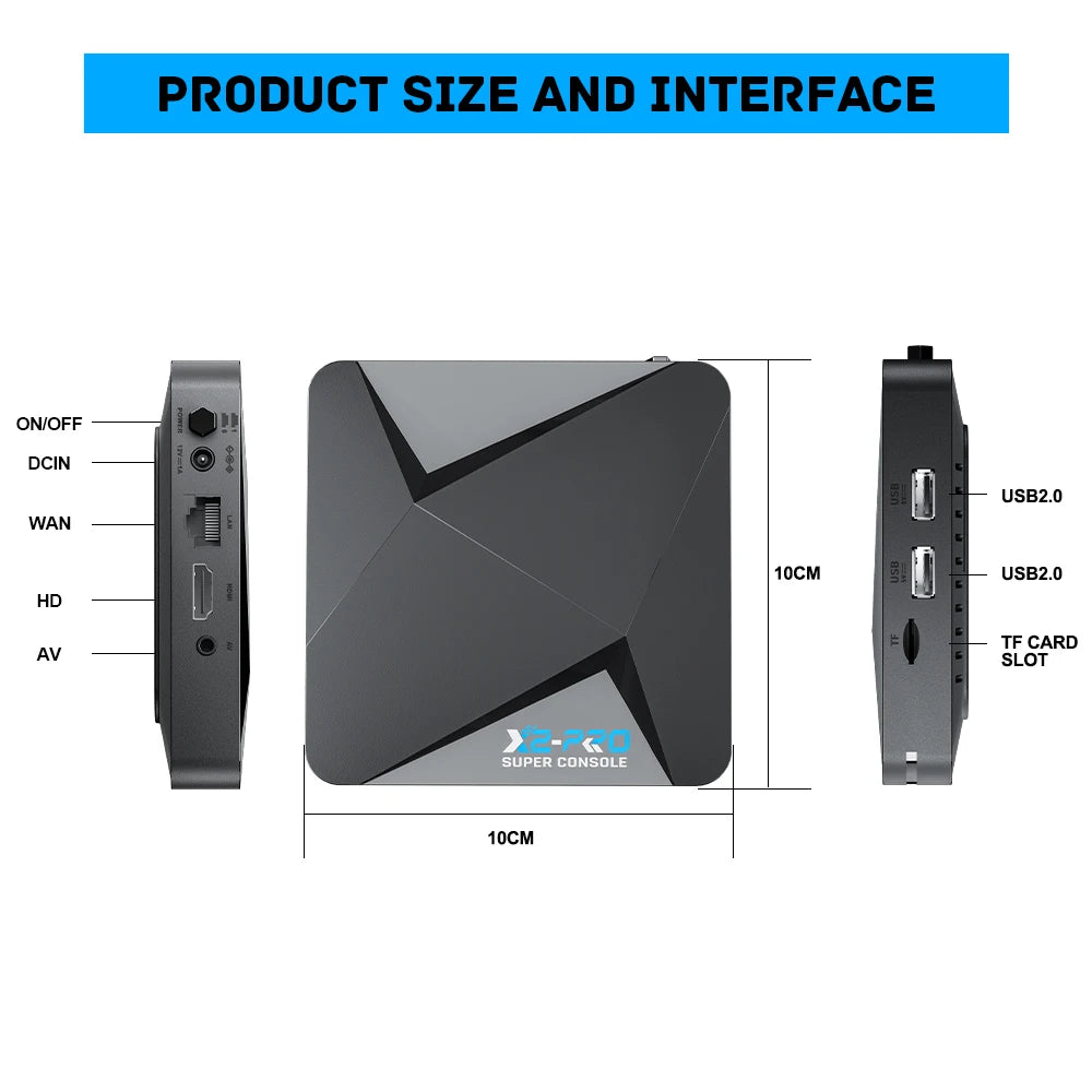 KINHANK X2 Pro Console showing product dimensions and interface ports including HDMI, USB 2.0, Ethernet, and power input
