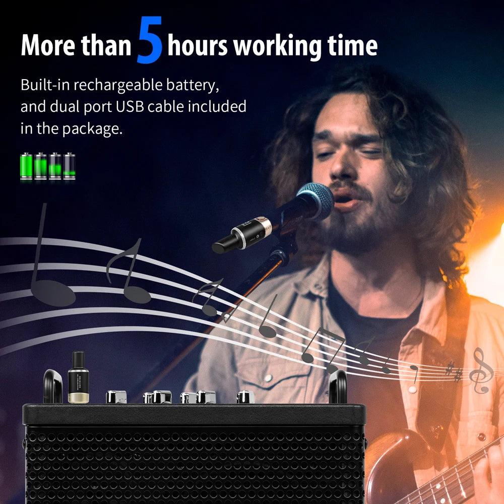 LEKATO MW-1 wireless microphone system with over 5 hours of working time on a full charge, ideal for extended performances, events, and recordings
