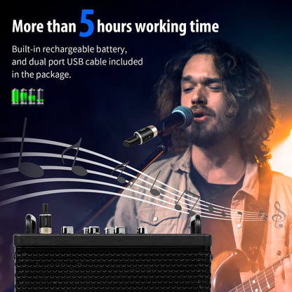 LEKATO MW-1 wireless microphone system with over 5 hours of working time on a full charge, ideal for extended performances, events, and recordings
