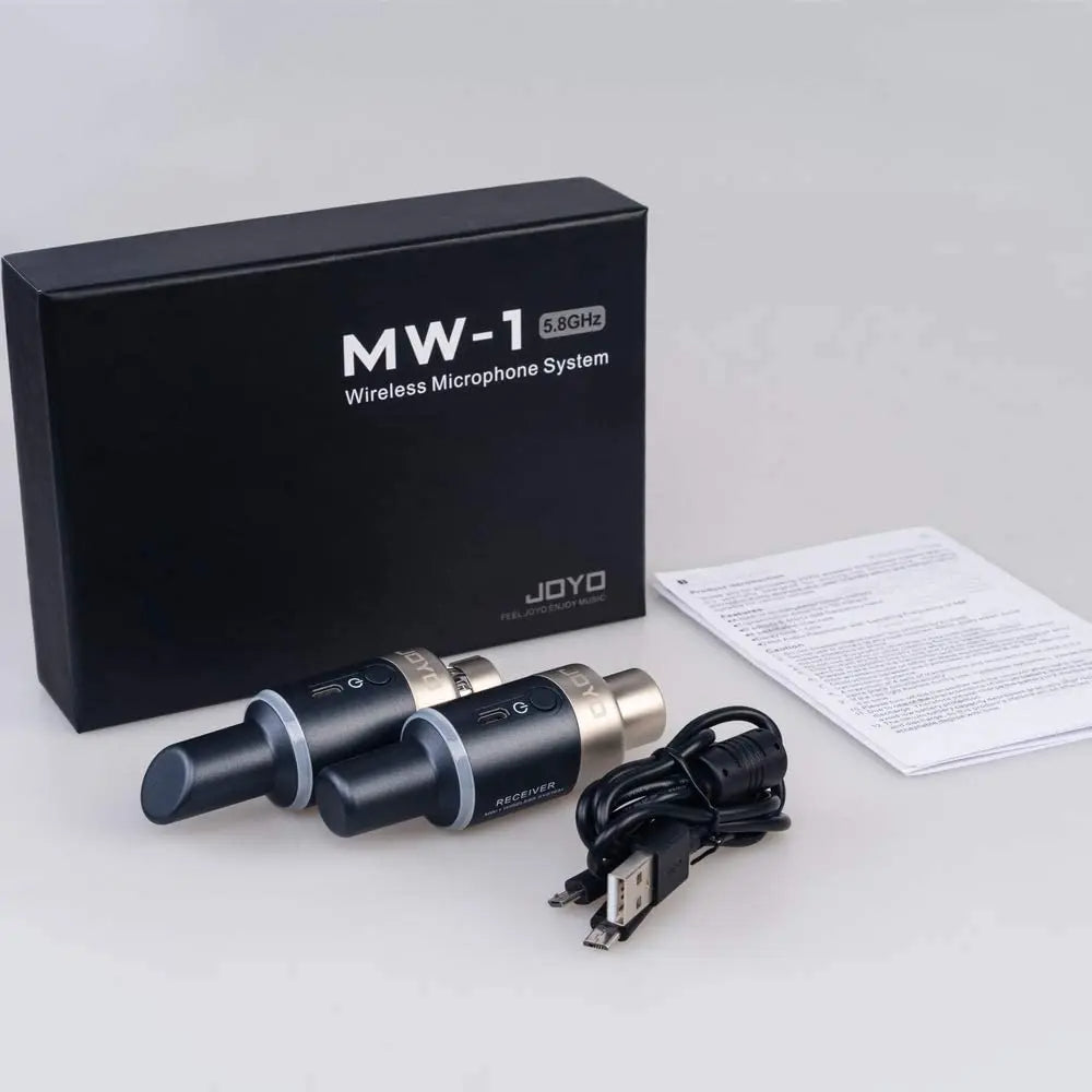 Box contents of the LEKATO MW-1 wireless microphone system including XLR transmitter, receiver, dual USB-C charging cable, and user manual
