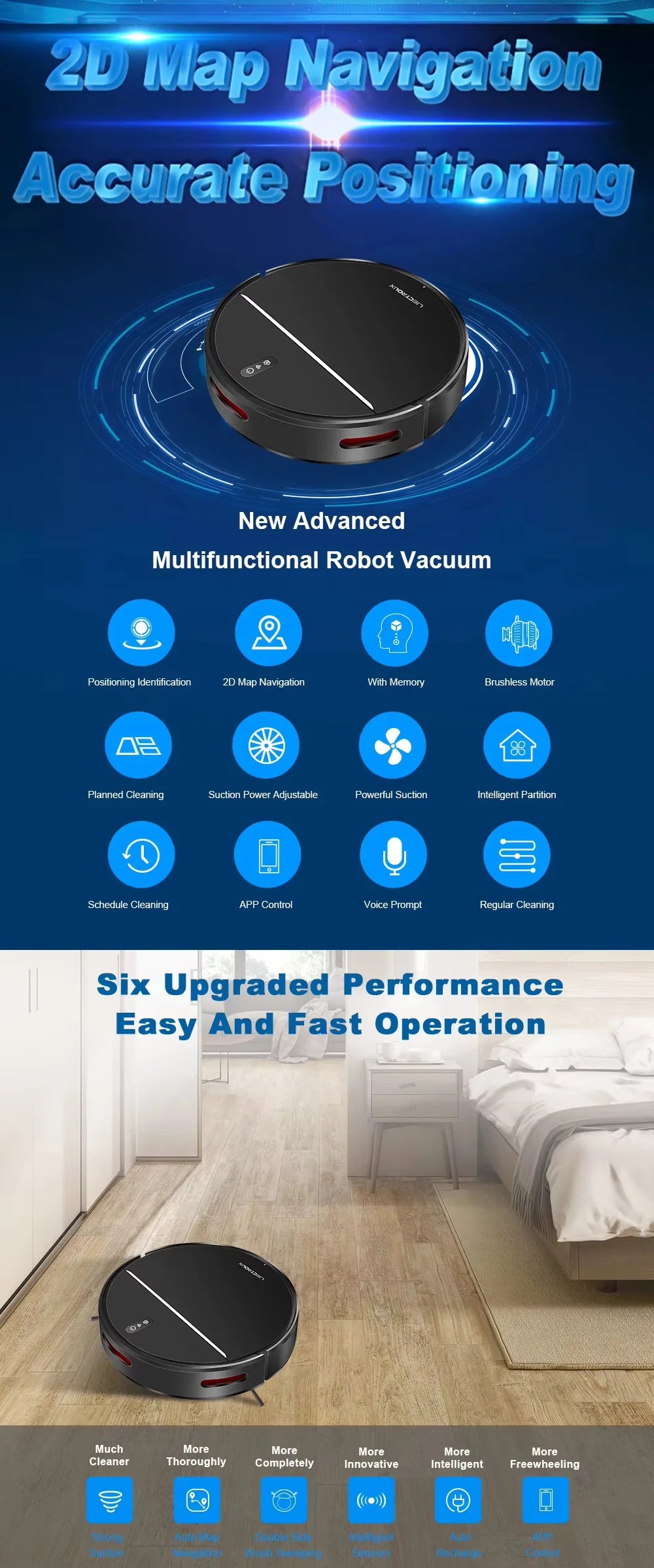 LIECTROUX M7S Pro Robot Vacuum using 2D map navigation for accurate room positioning, smart path planning, and efficient cleaning coverage

