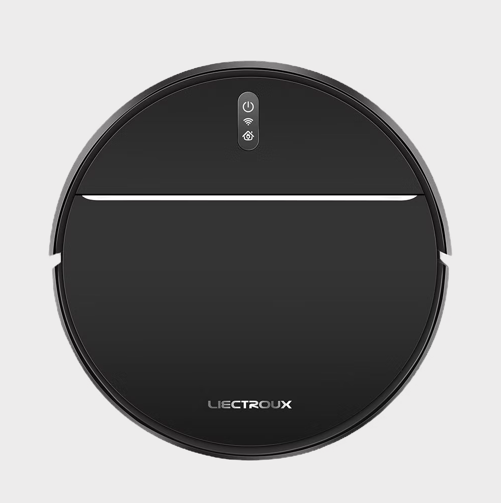 Front and top view of the LIECTROUX M7S Pro Robot Vacuum showing sleek design, control panel, and dustbin access for smart home cleaning
