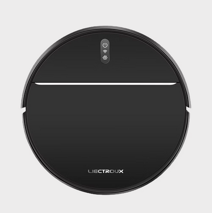Front and top view of the LIECTROUX M7S Pro Robot Vacuum showing sleek design, control panel, and dustbin access for smart home cleaning
