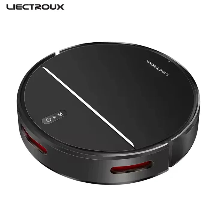 Side view of LIECTROUX M7S Pro Robot Vacuum showcasing low-profile design and brush placement for efficient edge and under-furniture cleaning
