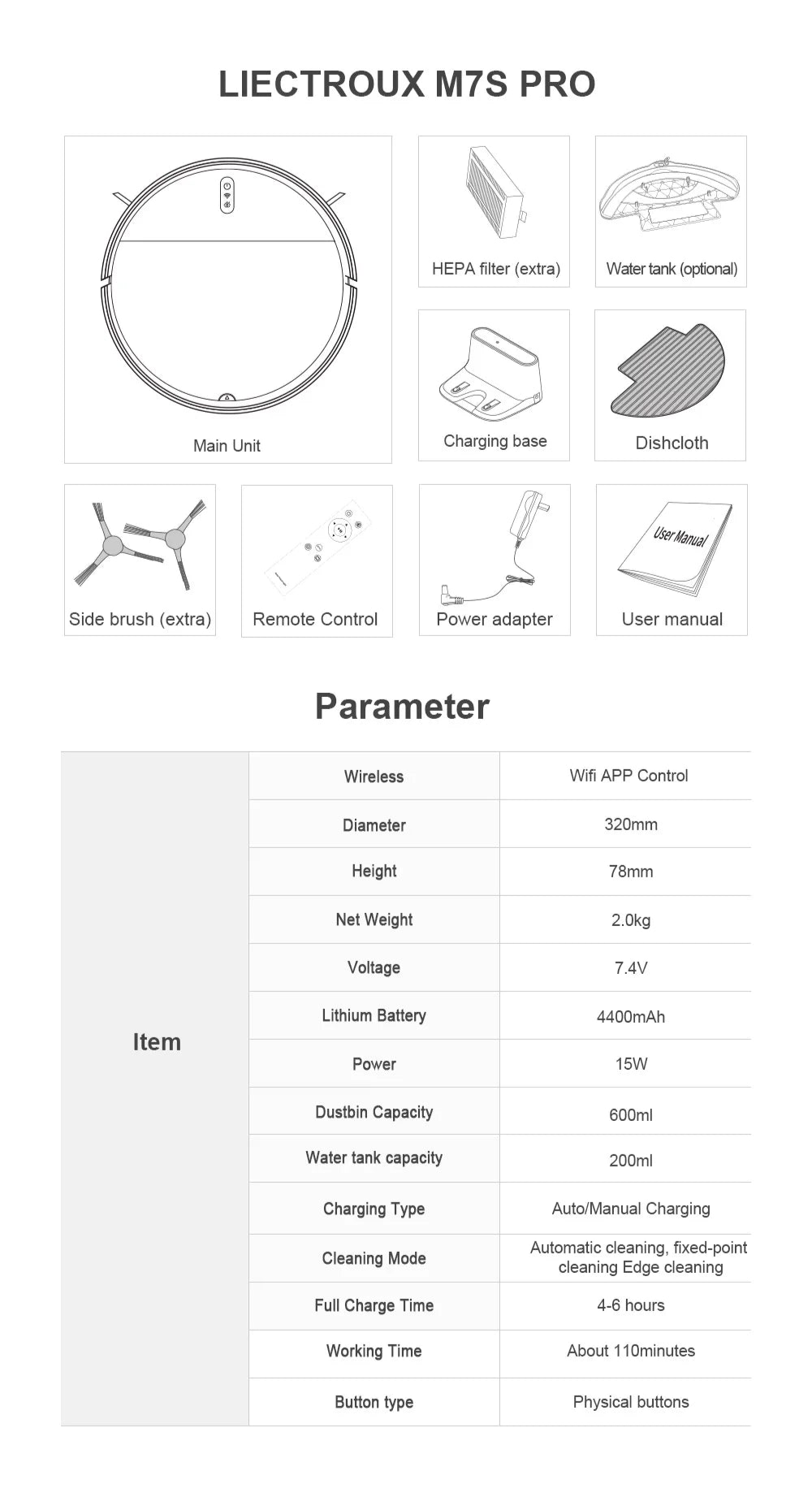 Technical parameters of the LIECTROUX M7S Pro Robot Vacuum including suction power, battery capacity, navigation system, dustbin size, and cleaning modes
