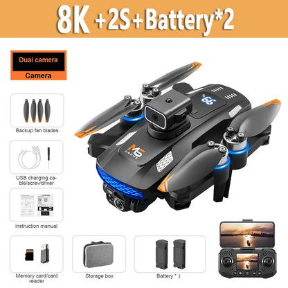 M6 drone full package contents including drone, screen remote controller, battery, charger, spare propellers, memory card, screwdriver, manuals, and USB cables
