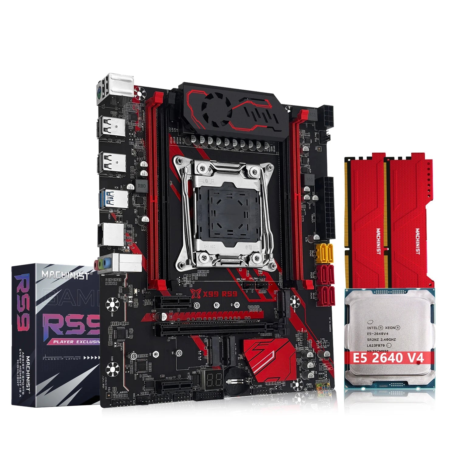 Motherboard with CPU and RAM packaging on a white background, featuring the MACHINIST brand.