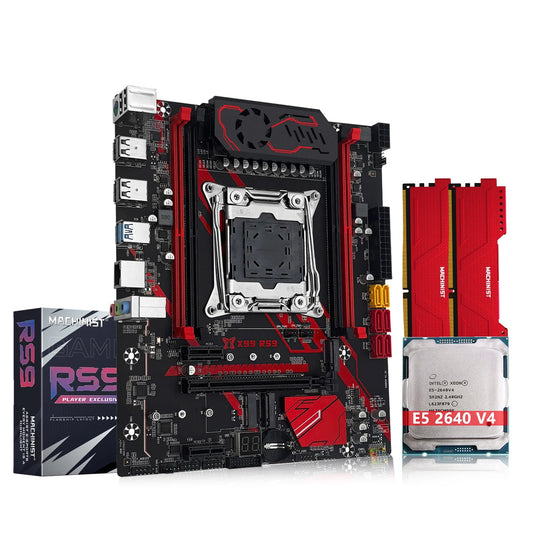 Motherboard with CPU and RAM packaging on a white background, featuring the MACHINIST brand.
