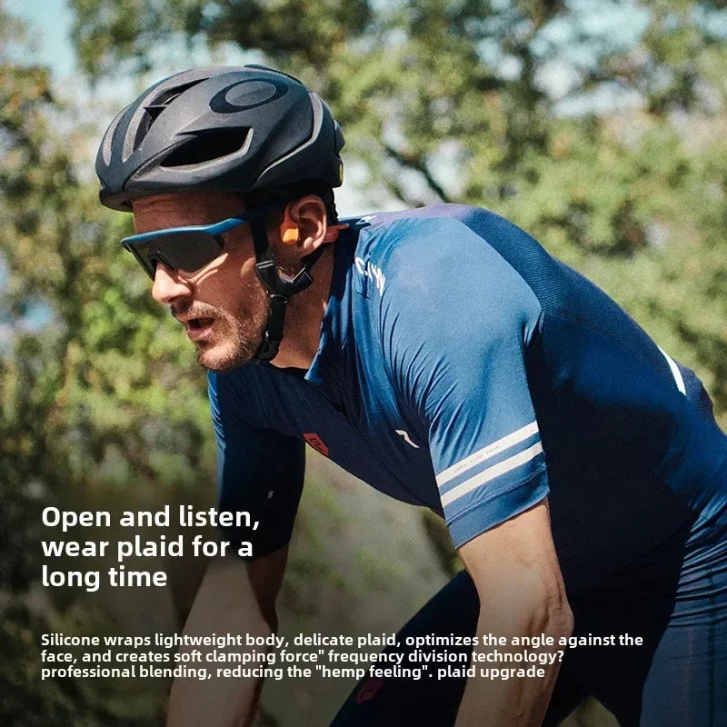 Man wearing a blue cycling outfit and helmet outdoors with text overlay.