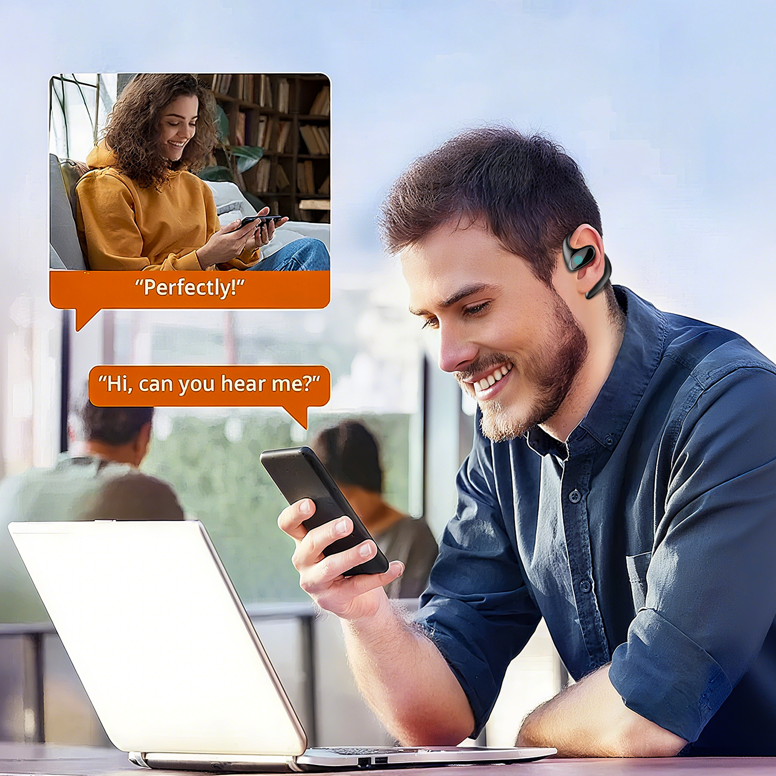 Man using a smartphone with a Meacode AI Translation Earbuds, smiling, with a woman on a video call inset.